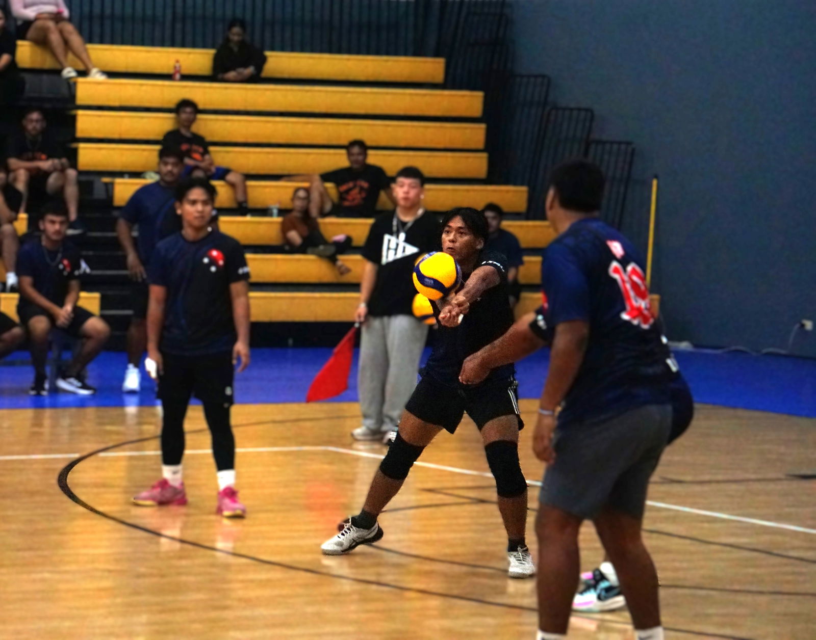 Marc Danga of 4-Starz makes a bump return against Tekison Warriors in the men’s division of the 4 Starz Marianas Club’s 2nd Annual Fall Fest Volleyball Tournament 2025 at the gym Friday night.