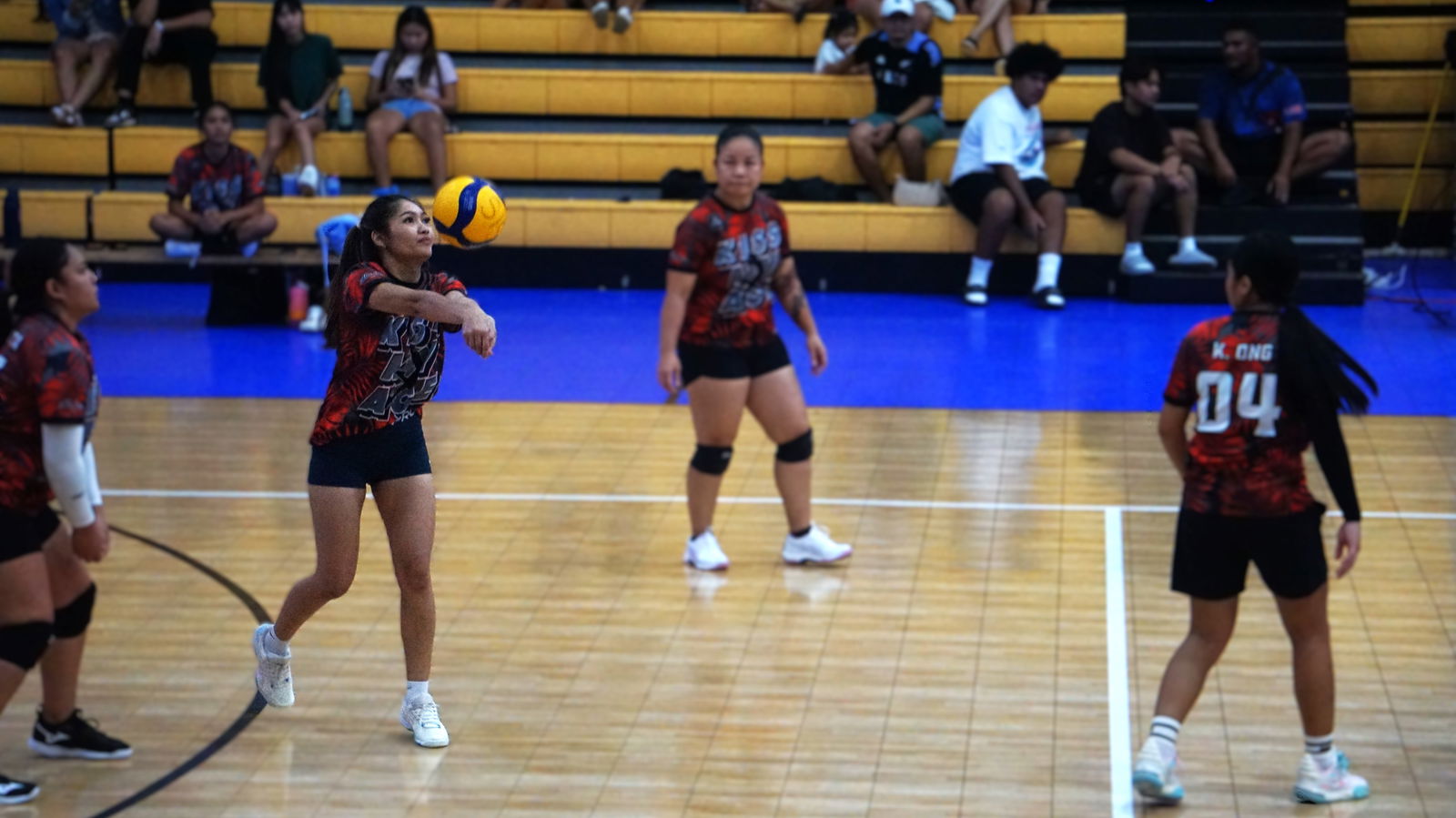 Kiss My Ace’s Clarize Rodriguez executes a bump against Heatwave Hitters in the women’s division of the 4 Starz Marianas Club Fall Fest Volleyball Tournament 2025 at Ada Gym on Saturday.