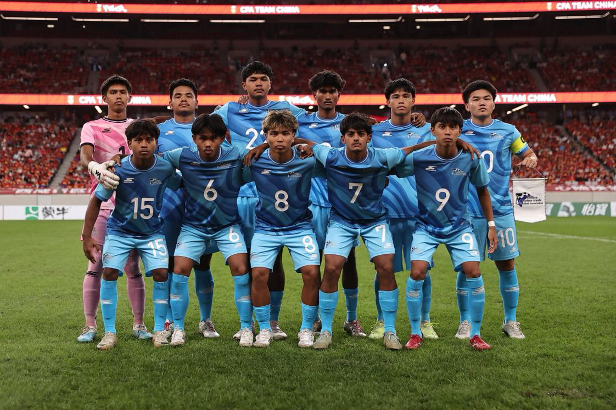 The NMI U23 Men's National Soccer Team members pose for a photo before their match against China in the AFC U23 Asian Cup Qualifiers on Saturday in in China.