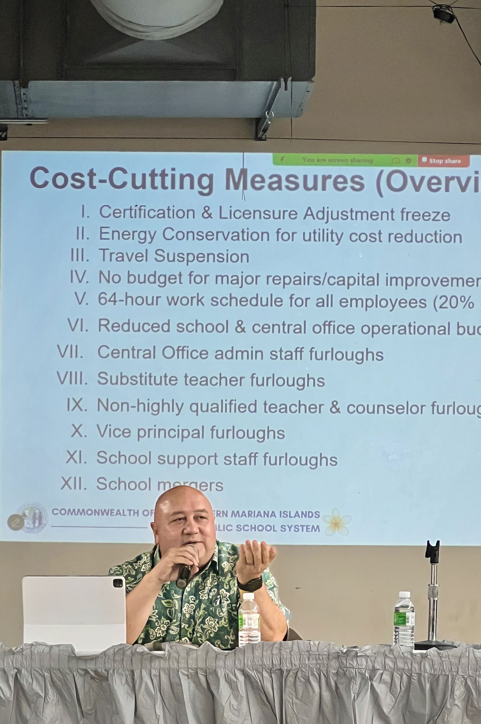 Commissioner of Education Dr. Lawrence F. Camacho kicked off the Public School System’s town hall meeting at Chacha Ocean View Middle School on Tuesday evening to address PSS’s looming fiscal cliff.  On Thursday evening, he hosted a town hall meeting for southern school clusters at Koblerville Elementary School.  