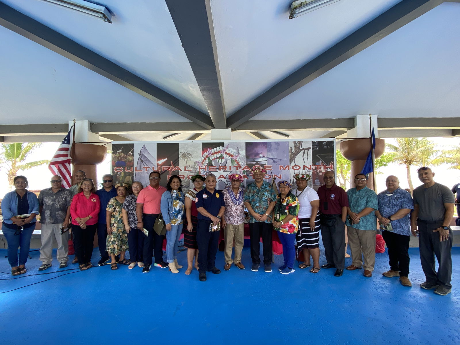 Gov. David M. Apatang, center, poses for a photo with other CNMI officials and cultural advocates after signing a proclamation designating September as Cultural Heritage Month on Friday, Aug. 29 at the Carolinian Utt in Garapan. 