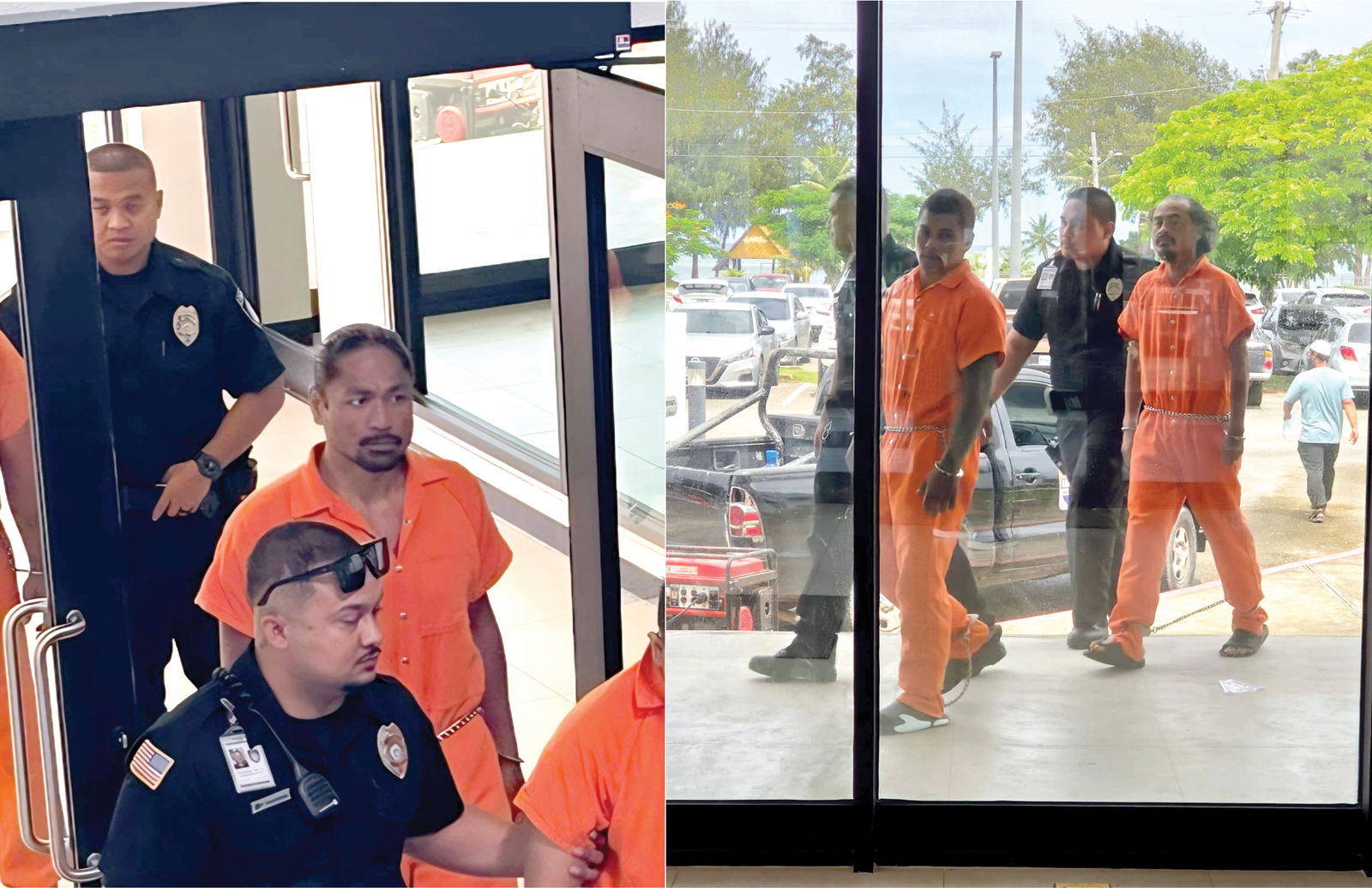 Left: William Indalecio, in the custody of Department of Corrections officers, enters the Guma’ Hustisia on Tuesday morning for a bail hearing. Right: Ethan Sanchez and Nolan Magofna, also in DOC custody, at the Guma’ Hustisia in Susupe on Tuesday.”