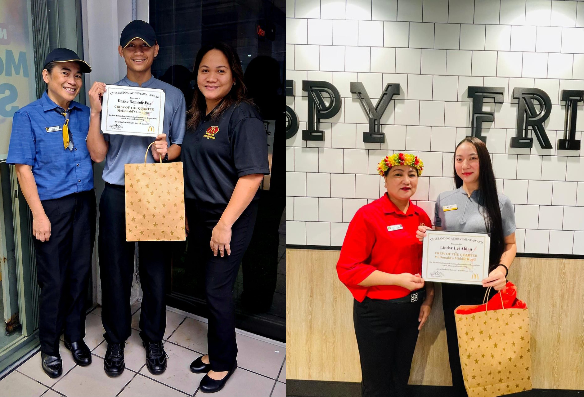 Left photo, Drake Dominic Pua, center, from the Garapan branch of McDonald’s Saipan is recognized as the branch’s 2nd Quarter Crew of the Quarter. Right photo, Lindsy Lei Aldan, right, from the Middle Road branch of McDonald’s Saipan is recognized as the branch’s 2nd Quarter Crew of the Quarter.