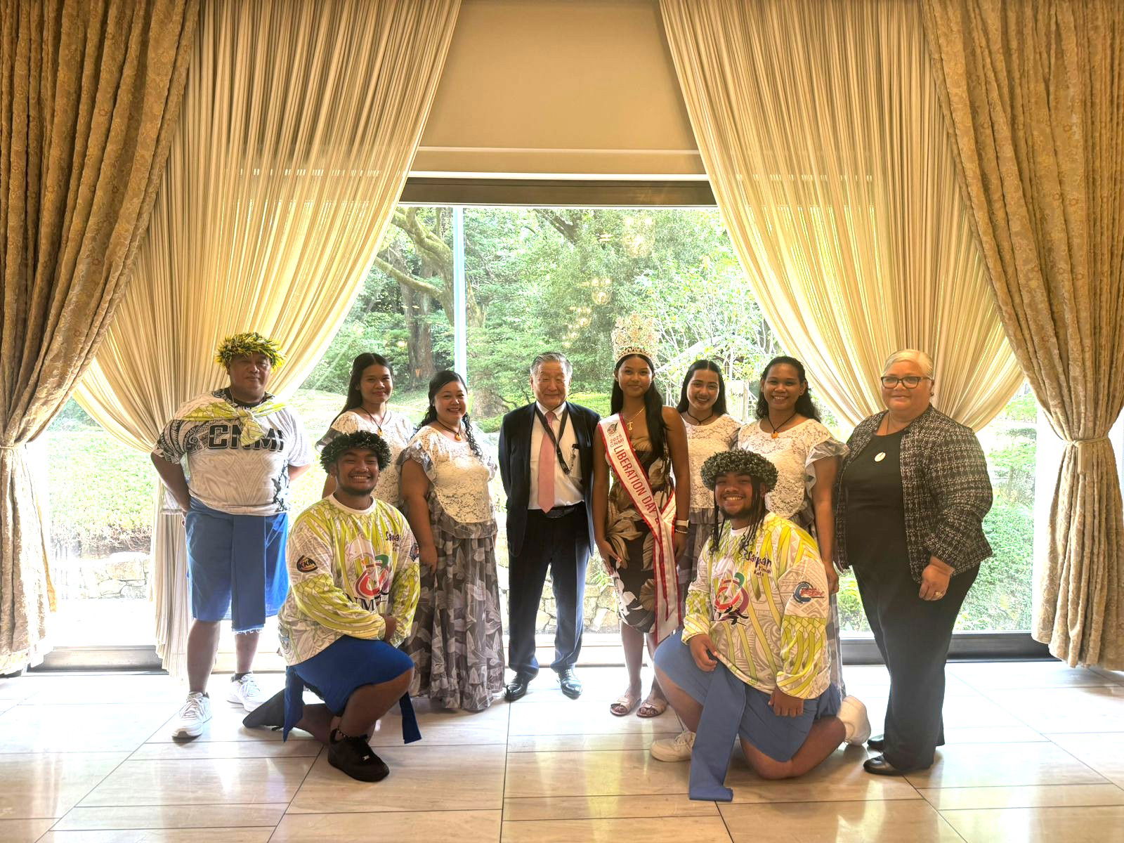 CNMI Chamorro and Carolinian dancers pose for a photo at the 27th Domannaka Festival welcoming reception at Nagoya Civic Hall in Japan.