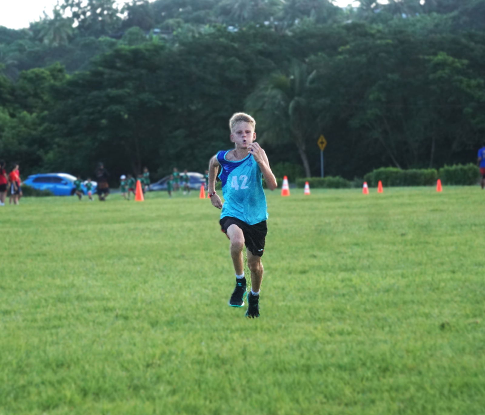 Saipan International School’s Quido Jambor races toward the finish line in the boys’ middle school division of the NMA-PSS All-School Cross Country SY25-26 at Airport Field on Saturday morning.