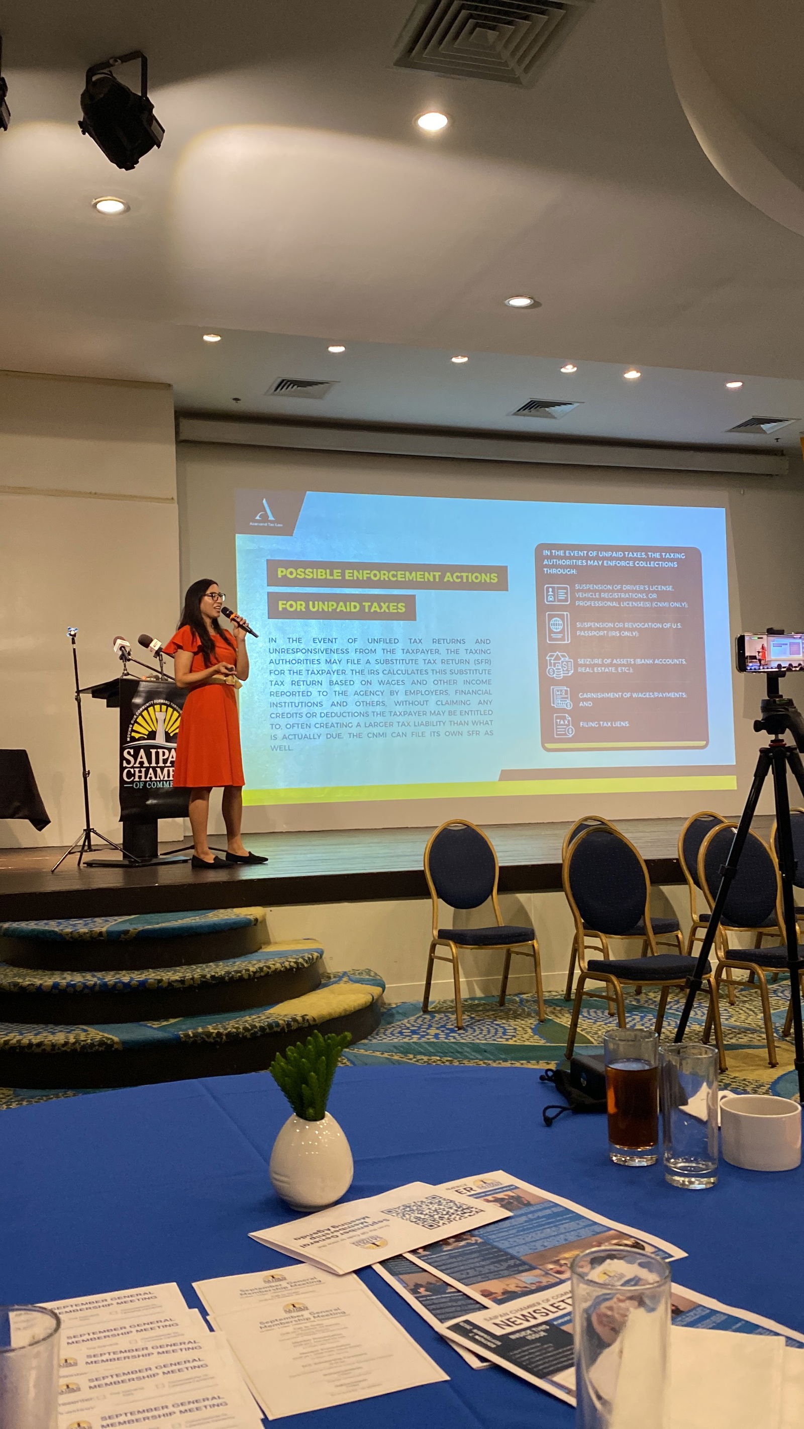 Attorney Tina Azarvand speaks during the Saipan Chamber of Commerce meeting at Crowne Plaza on Wednesday, Sept. 3, 2025.